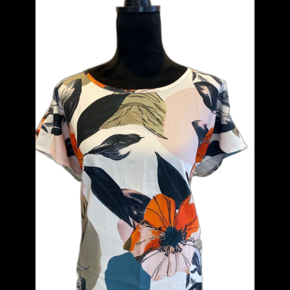 Tropical Floral Blouse Size XL Short Sleeve Green Orange Casual Rounded Neckline - Picture 1 of 9